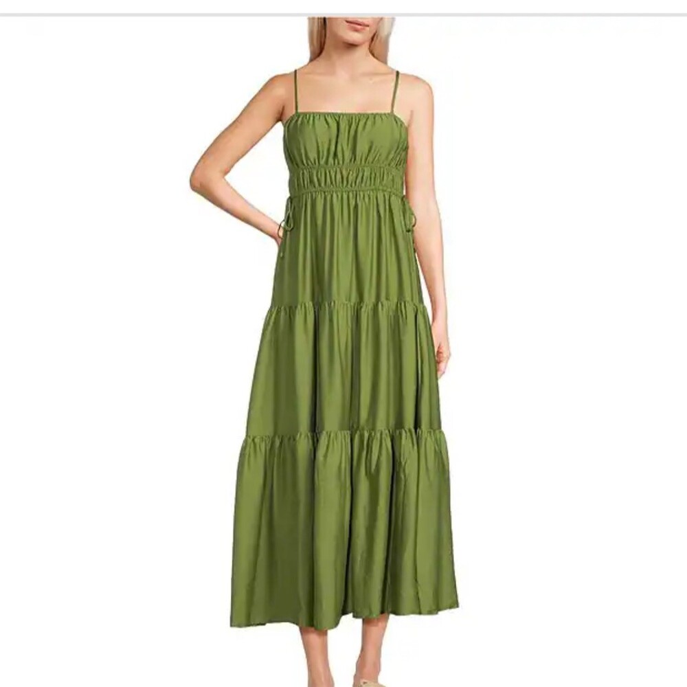 Anthropologie Moon River Dress Womens Olive Green Smocked Tiered Maxi boho